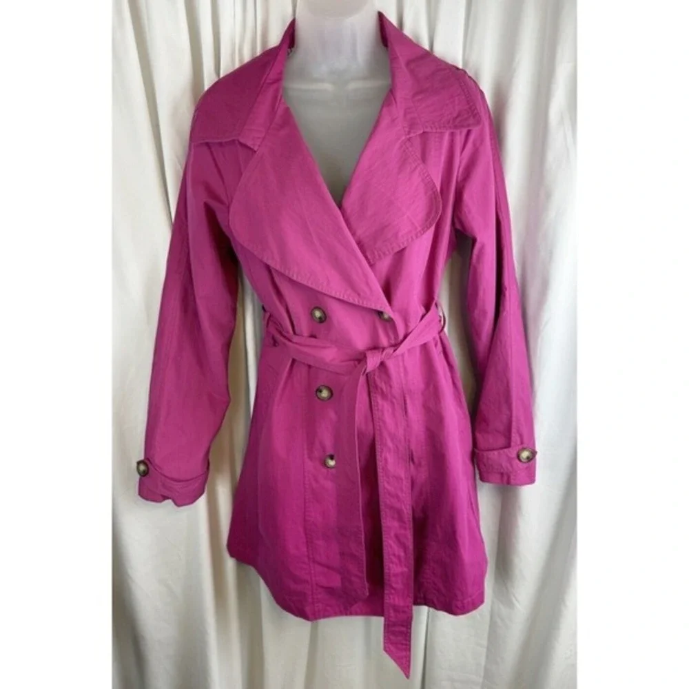 FOR CYNTHIA Womens‎ Double Breasted Belted Trench Coat Hot Pink Size L